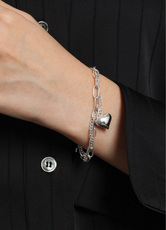 Girl Double Layers Hollow Chain Heart 925 Sterling Silver Bracelet