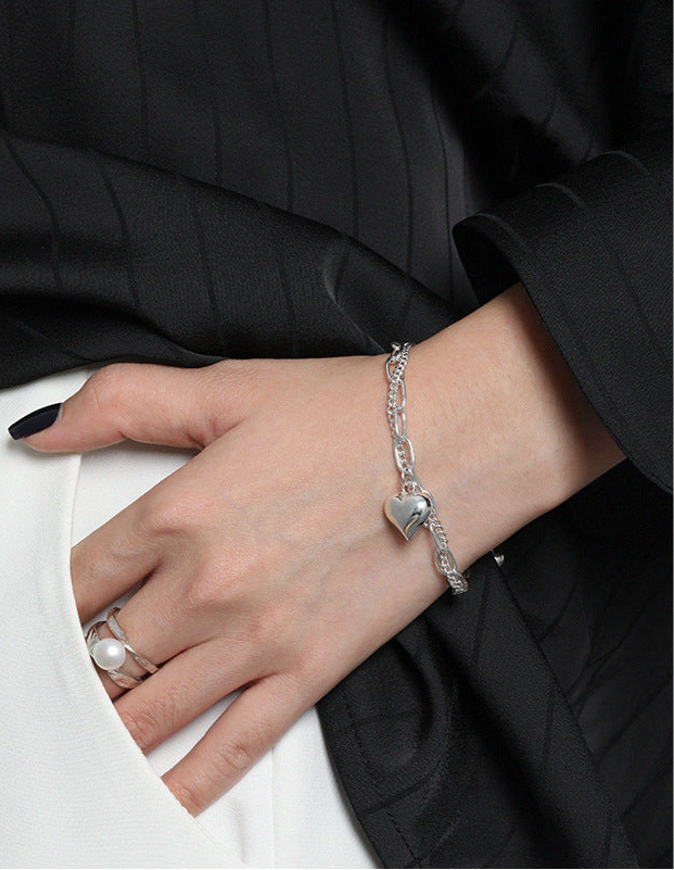 Girl Double Layers Hollow Chain Heart 925 Sterling Silver Bracelet