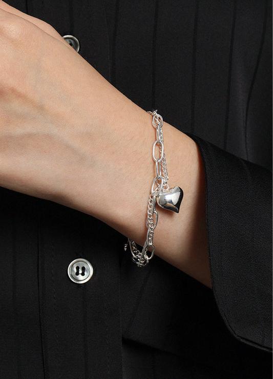 Girl Double Layers Hollow Chain Heart 925 Sterling Silver Bracelet